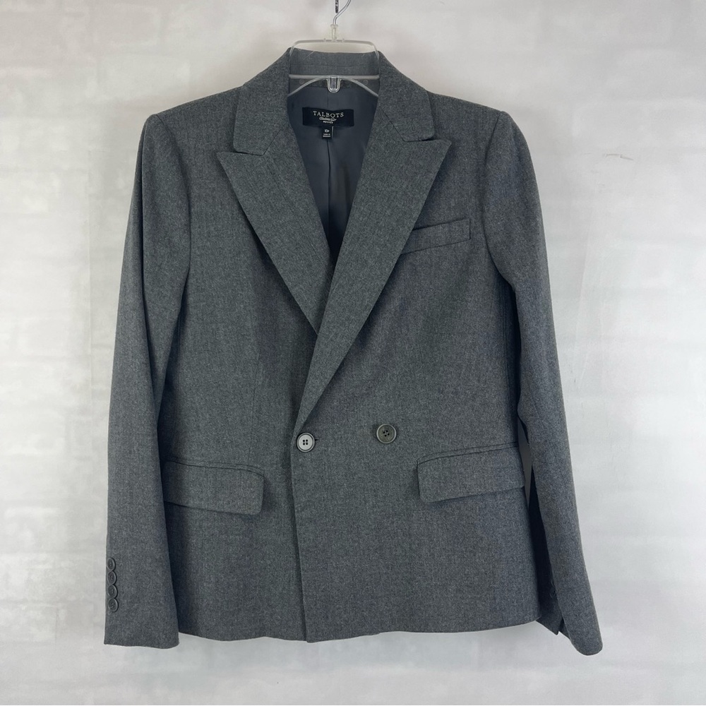 Talbots Petites 10P Grey Wool Double Breasted Blazer Jacket Lined Classic‎